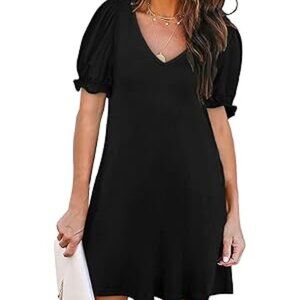 Women's Casual Dresses Short Sleeve V-Neck Dress with Pockets Black Dress